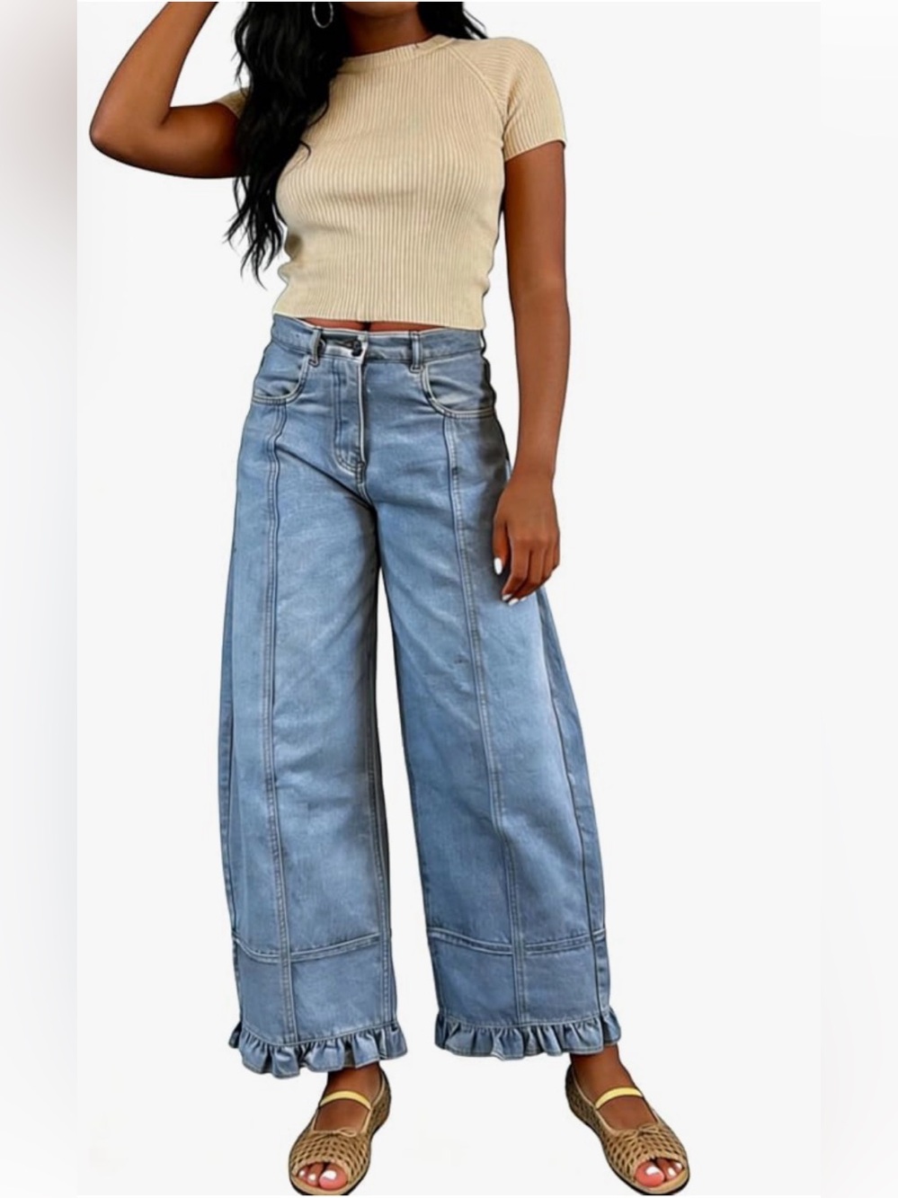 High-Rise Wide Leg Ruffle Hem Jeans - Light Blue